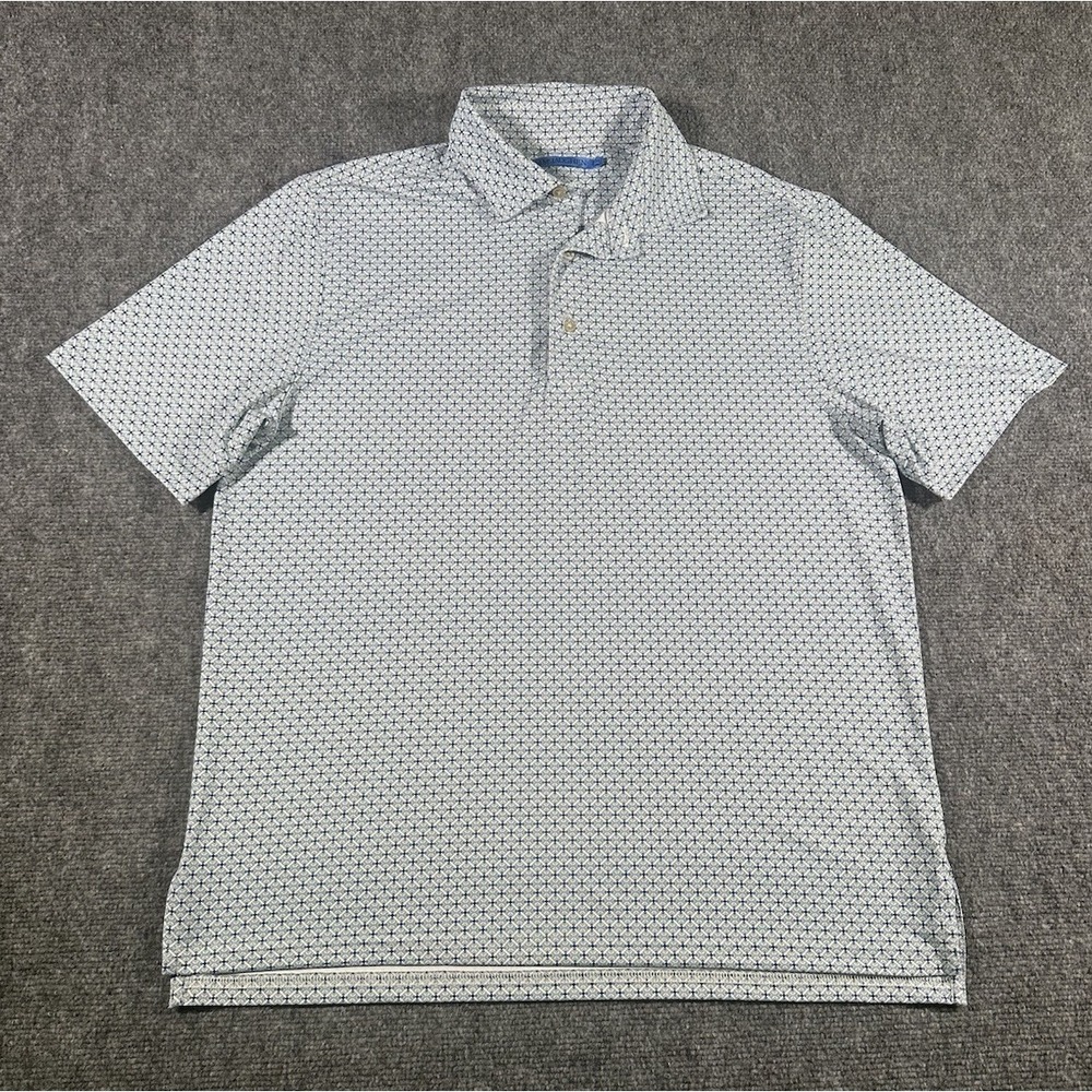 J McLaughlin Mens M White Blue Geometric Performance Stretch Golf Polo Shirt AOP